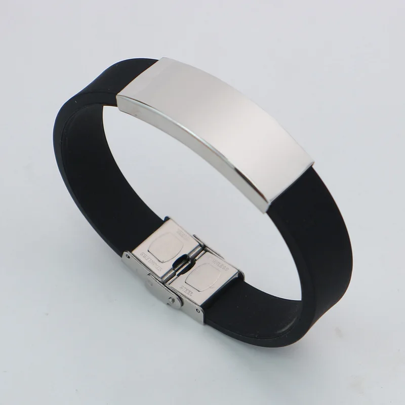 Eco Friendly Customizable Wristband Adjustable Belted Bangles Soft Rubber Silicone And Stainless Steel Letter Charm Bracelet Men