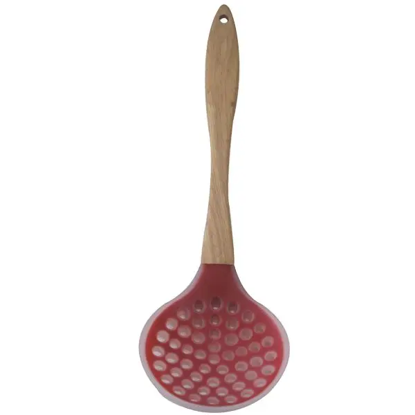 CXL110974 Long handle Large Silicone kitchen draining spoon / Silicone skimmer with Wooden handle
