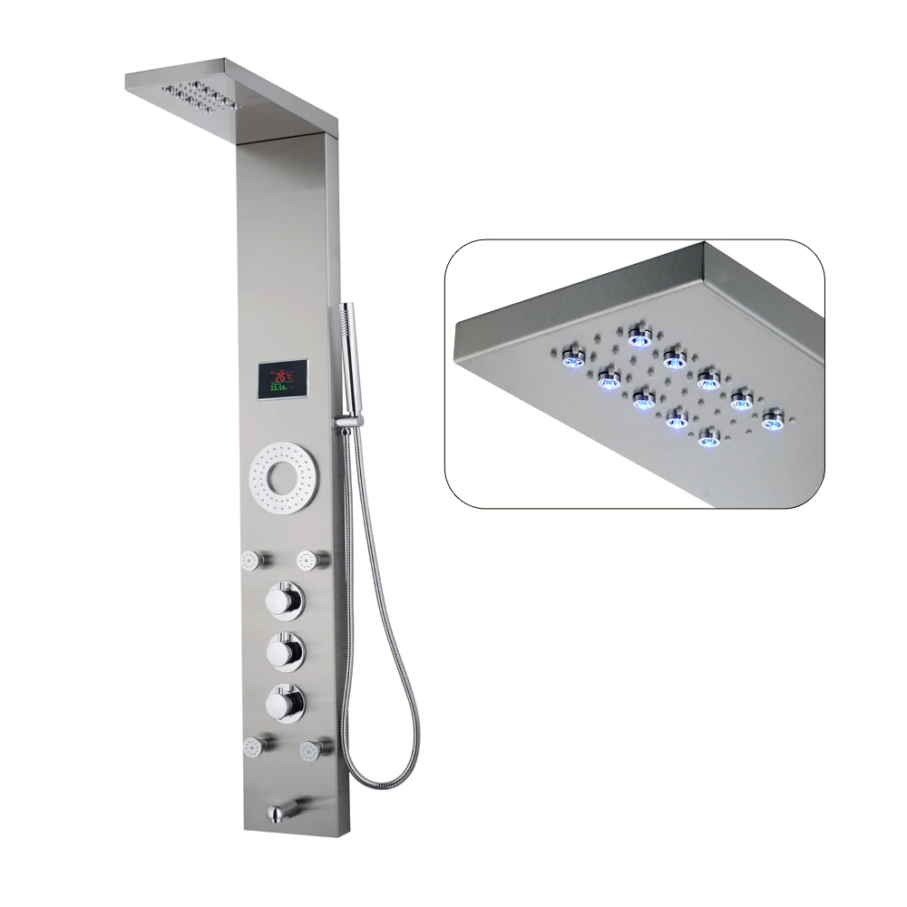 Vaguel Brushed Shower Thermostatic Panel Column 304 Stainless Steel Waterfall Spa Jets LED Smart Shower Bathroom