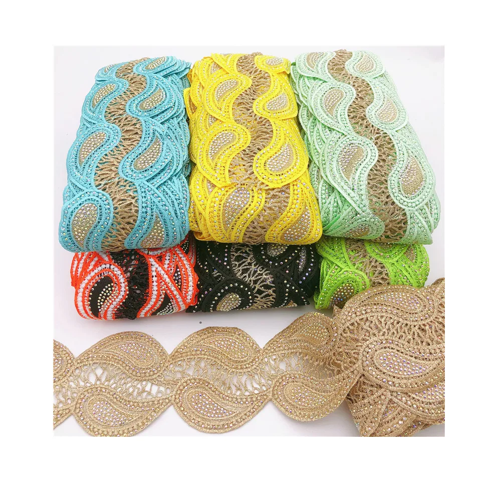 Many colors rhinestone Embroidered Motif Lace Nigeria Venice Trim Crochet Cord Wide 8.5CM