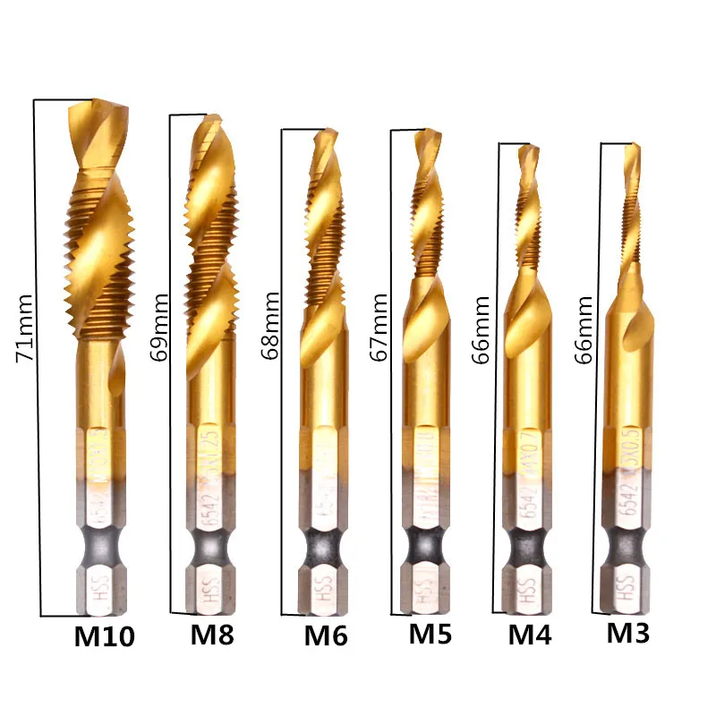 6pcs long screw Tap Drill Bits Hex Shank M3 M4 M5 M6 M8 M10 Titanium Coated HSS Compound Metric Thread  Machine Taps