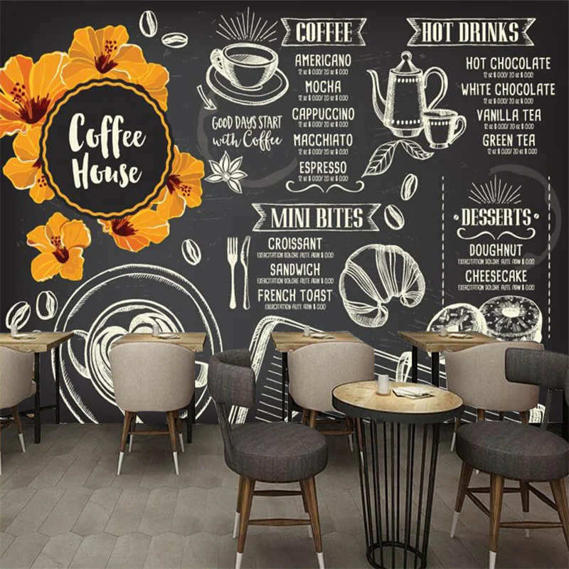 KOMNNI Hand Painted Coffee Wallpaper Industrial Decoration Mural Restaurant Cafe Afternoon Tea Cake Shop Background Wallpaper