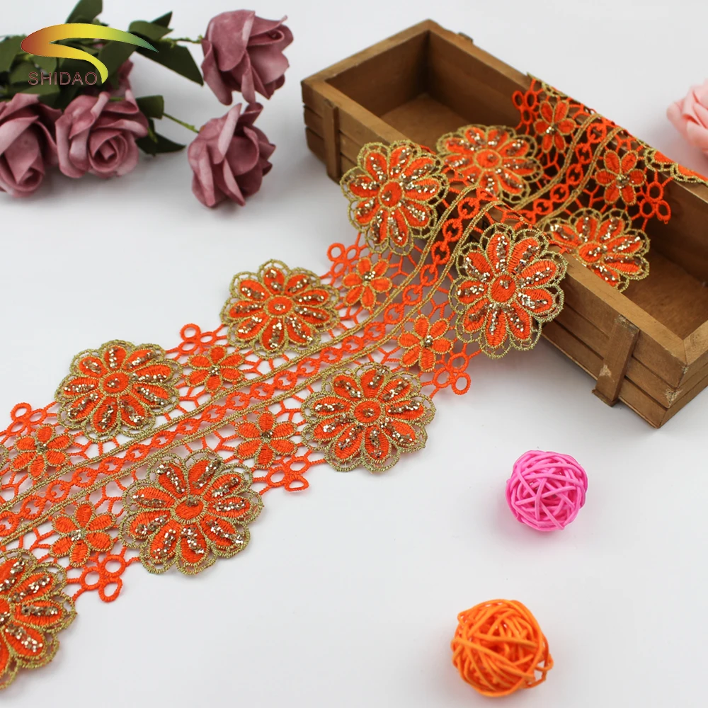 Wholesale Classic Embroidery Wedding Trim Ribbon Lace for Nigeria Orange Embroidered Polyester Fiber