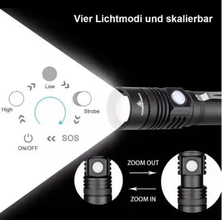 3 Modes Zoomable Skid-proof Aluminium 2000mah 10w T6 Waterproof Flash Light Usb Rechargeable Led Tactical Flashlight with Clip
