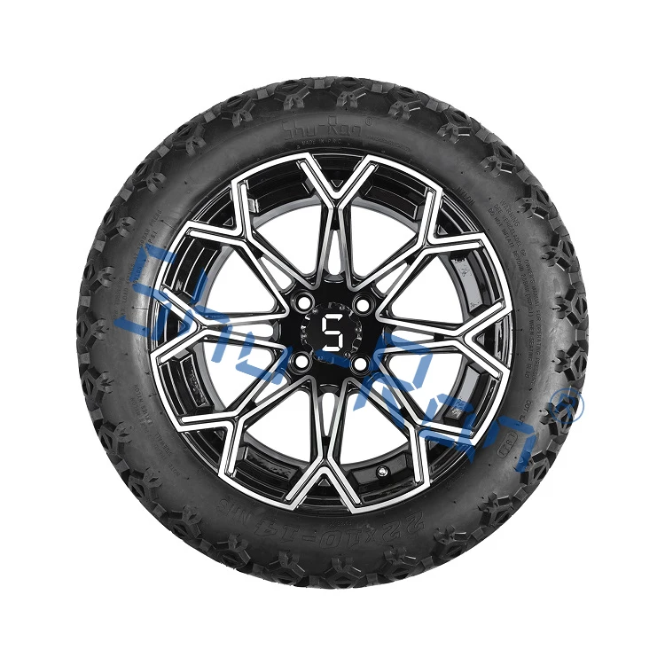 14' Golf Cart Machined/Glossy Black Wheels and 22x10-14 All Terrain Tires