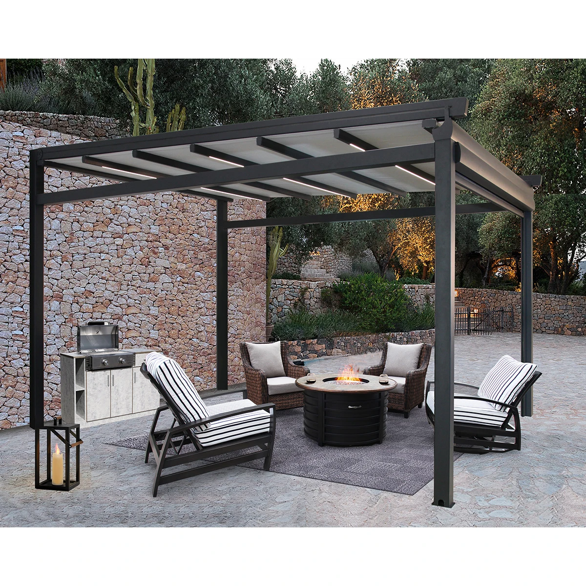 Electric Aluminum Outdoor Pergola PVC Roof Patio Canopy Retractable Folding Awnings With Led Strip