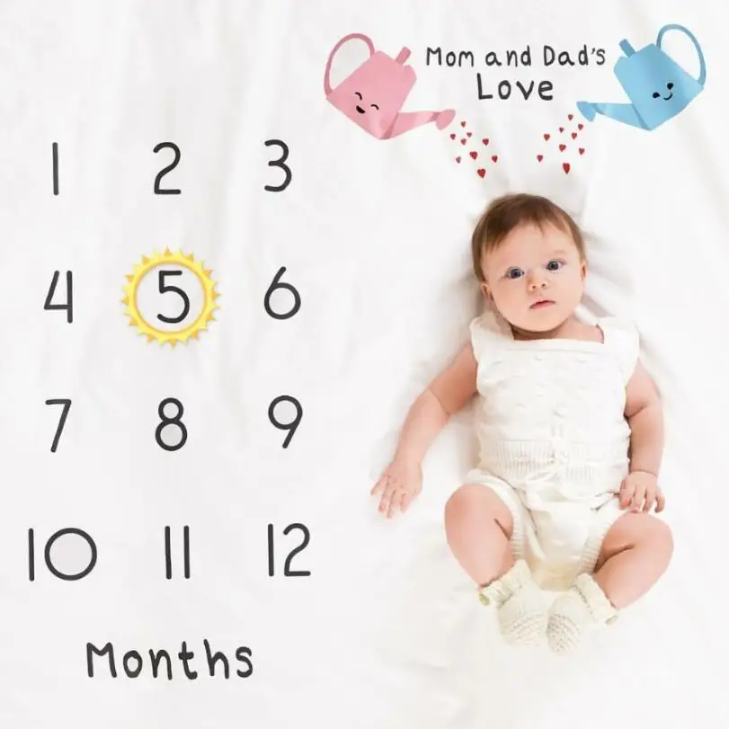 Custom 100*100cm Baby Monthly Milestone Blanket with Height Tracker Weekly Monthly Photo Props Shoots Backdrop for Newborn Baby