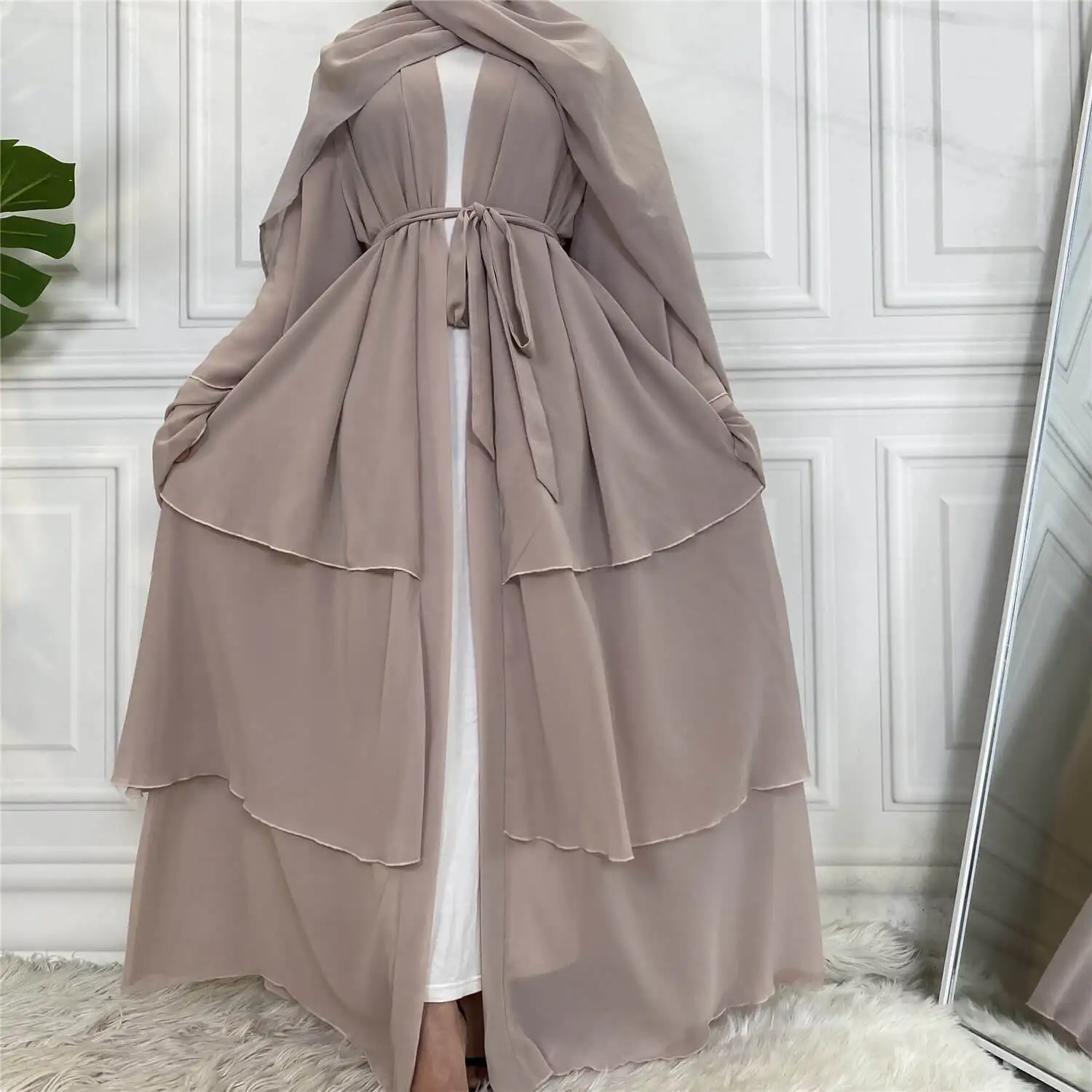 Eid Abaya Dubai Turkey Solid Color 3 Layer Chiffon Open Abaya Kimono Kaftan Cardigan Muslim Dresses For Women Islamic Clothing