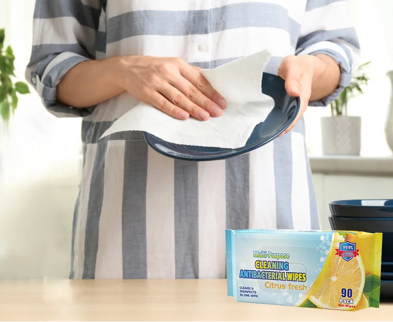 China Factory Wet Wipes 90pcs Sanitizing Wipes Antibacterial Disinfecting Wet Wipes for Daily Cleaning Lemon Scent