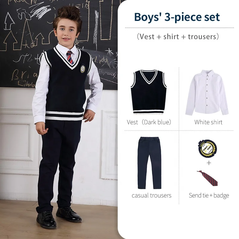 Exquisite Unisex preschool uniforms V-shaped sweater vest checked skirt school uniform fabrics Suit Uniform School Kids Girls