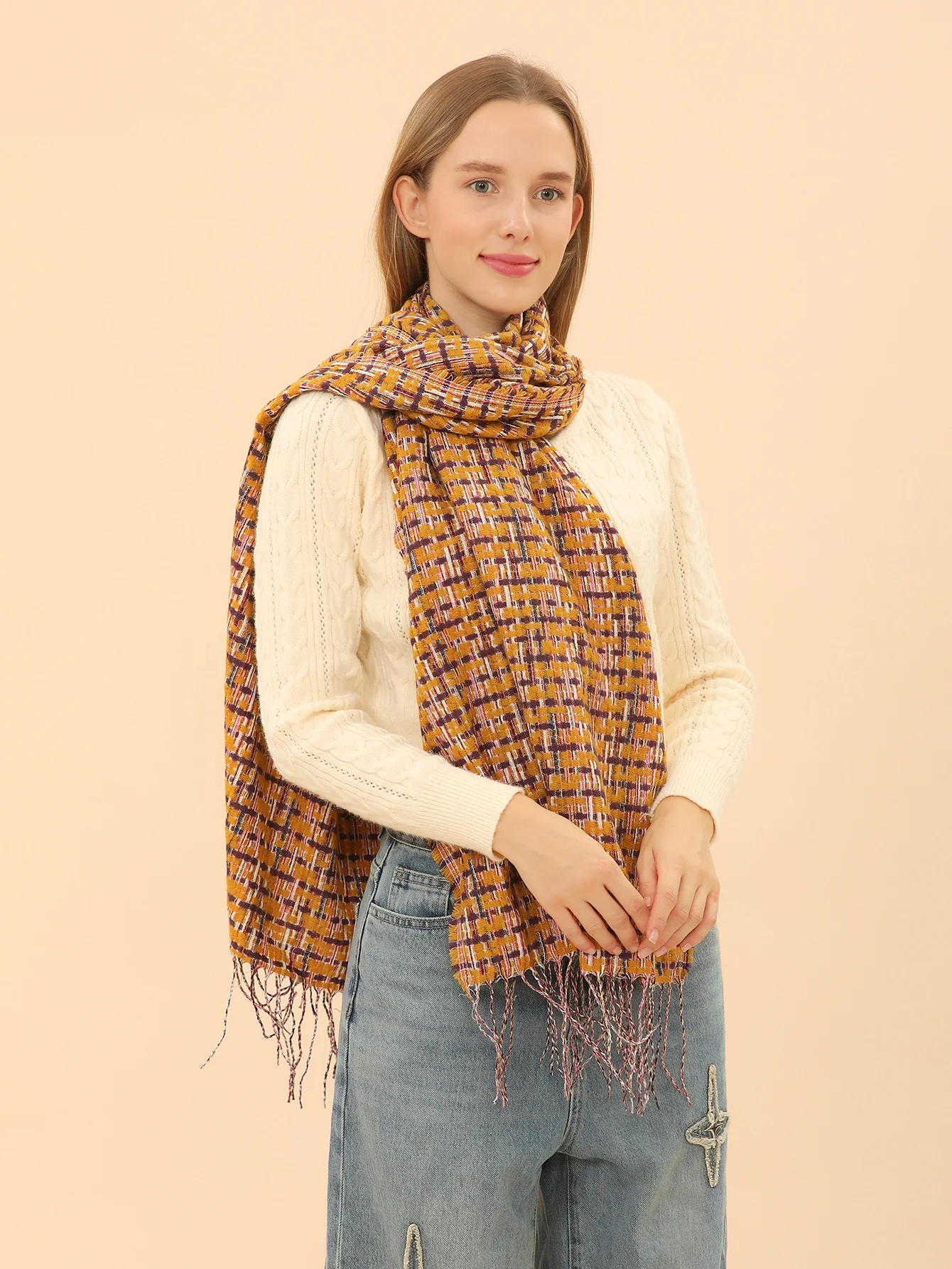 Fashion Plaid Print Soft Luxurious Viscose Ladies Ethnic Scarves And Shawls