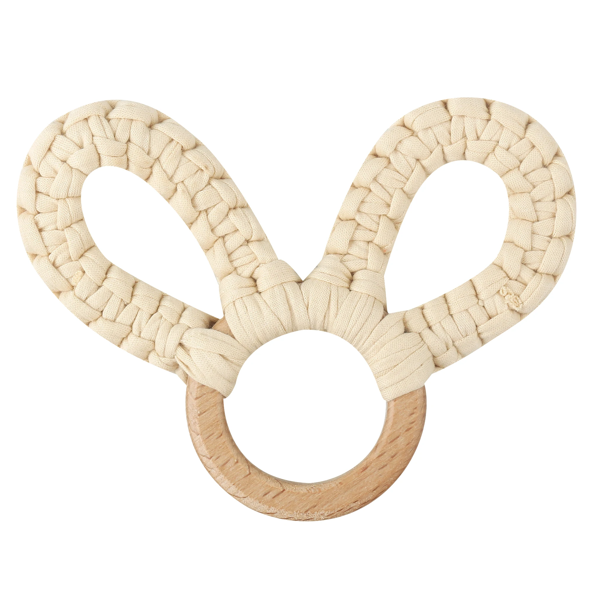 Hot Sale Handmade Natural Wooden Baby Chewing Toys Cotton Crochet Cute Bunny Teething Ring Teether Rattle Toy