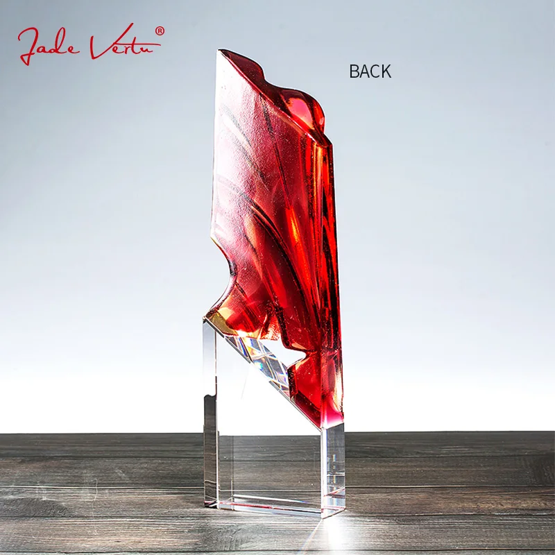 Jadevertu red color trophy Hot Sale Printing k9 crystalTrophy Chinese Supplier Trophy liuli crystal trophies and awards