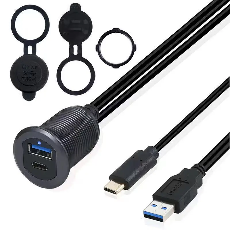 Pogo USB 3.0 male to female + type-C version 3.1 connecting cable for dashboard of automobile yacht and motorcycle with LED lam
