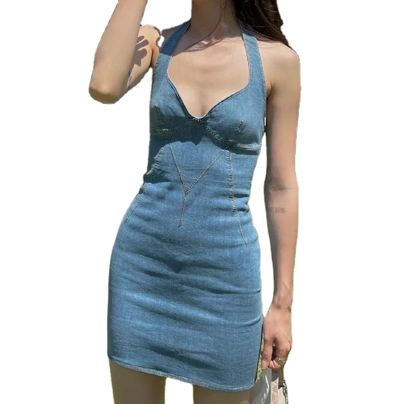 Wholesale Female Clothing Sexy Denim Dress Short Slim Hip Jeans Casual Cowboy Halter Neck Dresses For Women