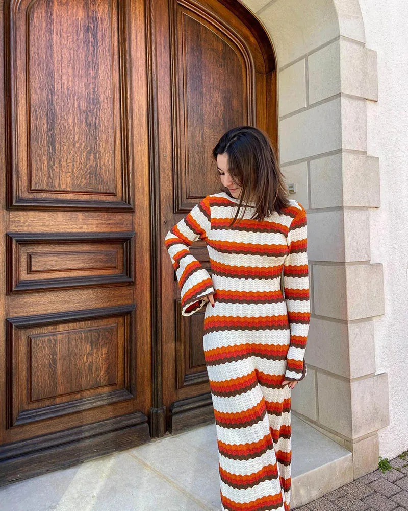Summer Knitted Stripe Women Sexy Beach Maxi Dress Y2k Evening Party Flare Sleeve Bodycon Long sweater dress women clothing