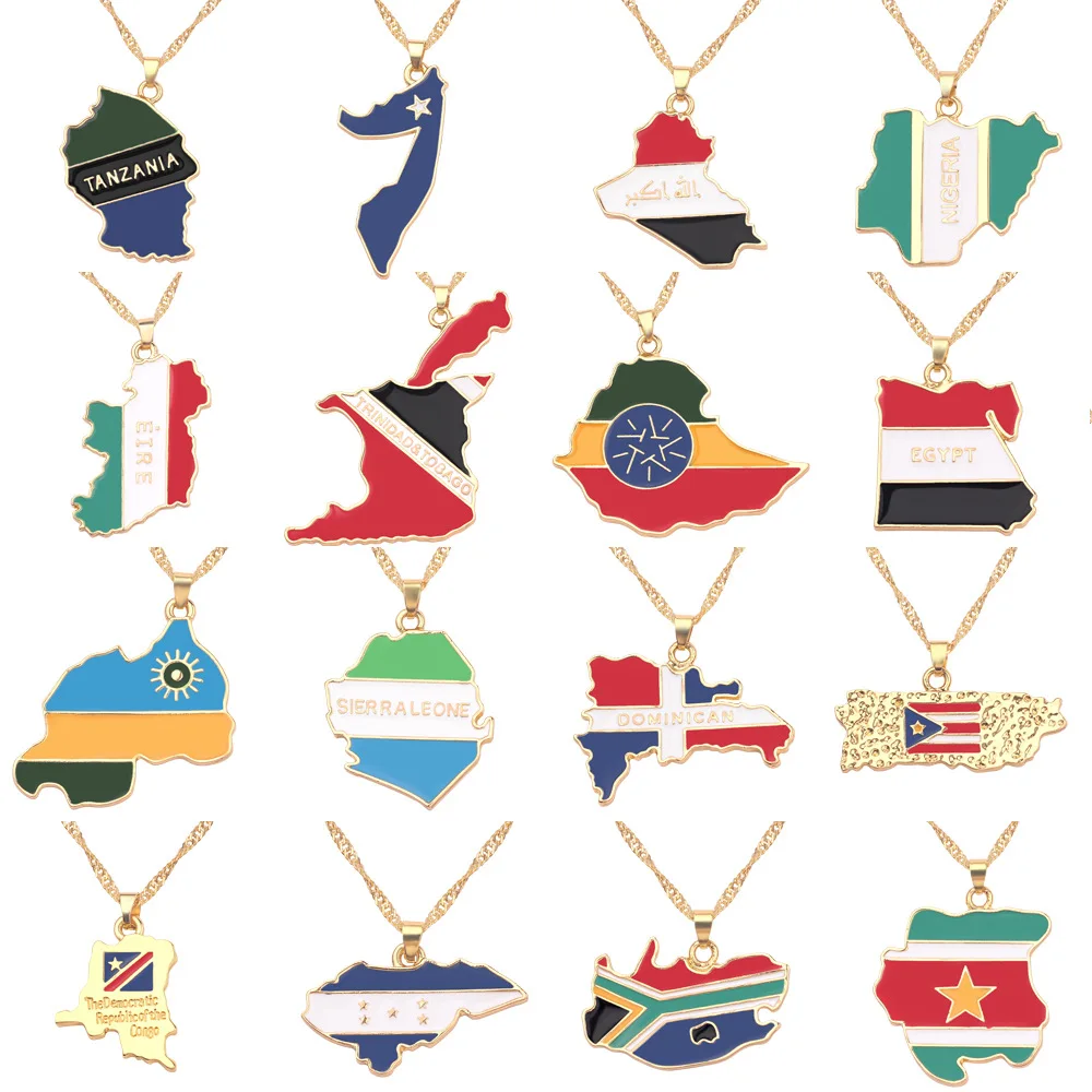 In Stock Caribbean&Africa&Middle East Countries Oil Drop Alloy with Gold Plated Map Pendant Necklace National Flag Jewelry