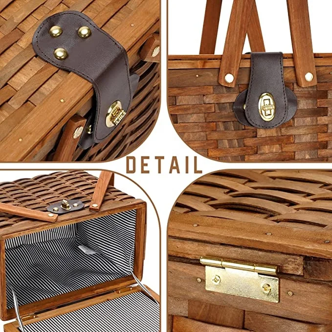 Woodchip Picnic Basket, Natural Handmade Woven Basket with Lid& Double Folding Handles, Wicker Basket & Storage Easter Basket