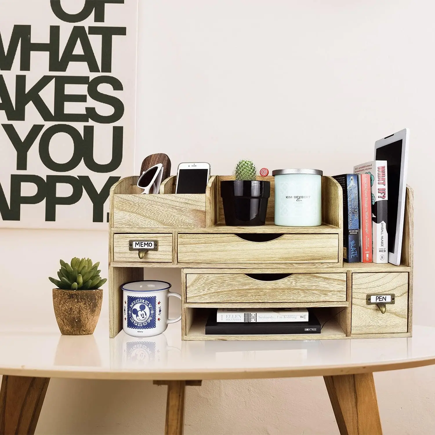 Large Extendable Wooden Desktop Organizer for Office Supplies Storage Shelf Rack Book Shelf Stationary Compartment Holder