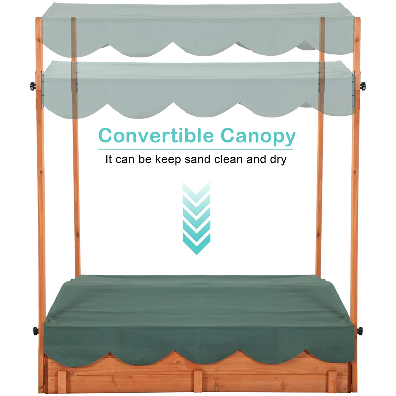 Outdoor Wooden Sandbox with Cover for Kids Cabana Sandbox with Adjustable Canopy Foldable Bench Seats for Backyard Lawn Garden