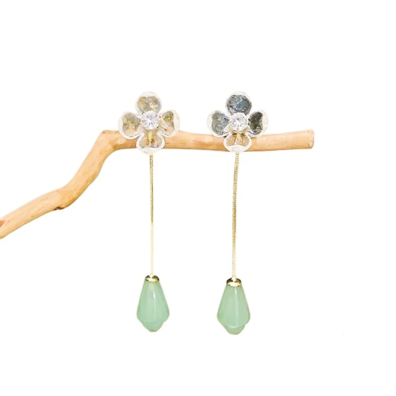 Baiyiyuan Custom Private Label New Chinese Style Women Ladies Handmade Jade Flower Beads Drop Earrings
