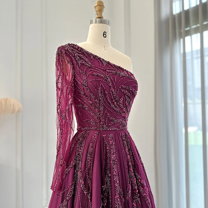 Lscz144-2 Luxury Dubai One Shoulder Fuchsia Evening Dresses For Women Wedding Elegant Arabic Long Sleeve Formal Gowns
