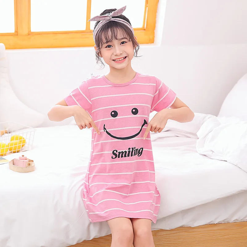 Wholesale Cheap Price Cartoon Sleep Dress Short Sleeve Summer Girls Pajamas Dresses Kids Girl Night Wear Girls Dresses 2-14Years