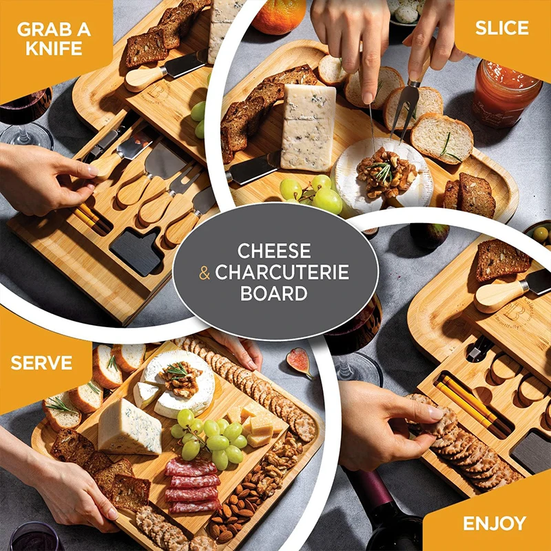 Bamboo cheese Board with cheese tool with cutlery Cheese Board Charcuterie Platter can be drawn