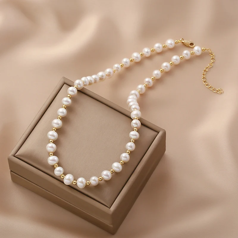 INS Trendy 14K Gold Filled Yellow Gold Ball Beaded Pearl  Necklaces Natural Freshwater Rice Pearl Necklace for Women