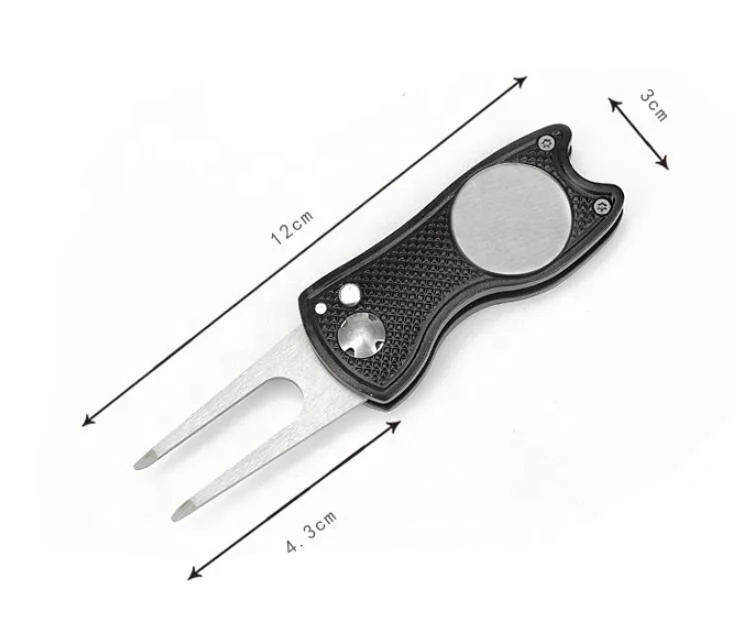golf accessories Wholesale Metal Switchblade Foldable Pitch Fork Custom Magnetic Blank Ball Marker Golf Divot Tool