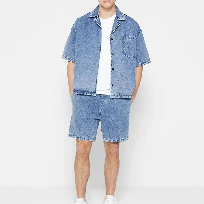 Custom Drop Shoulder Chest Pocket Short Sleeve Button Up Camp Collar 100% Cotton Washed Cropped Jean Denim Shirt For Men