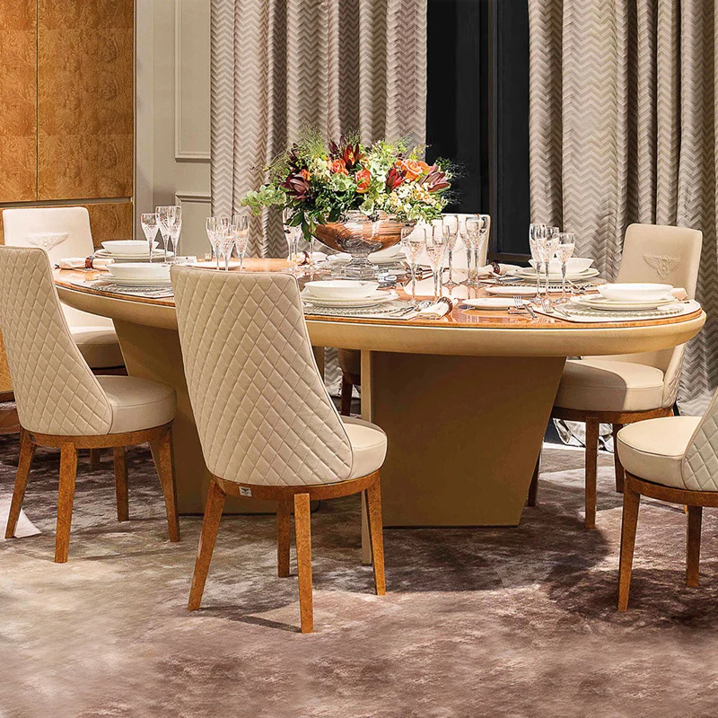 OEM Custom Burl Wood Top Oval Dining Table Set With Chair Home Furniture Luxury Design