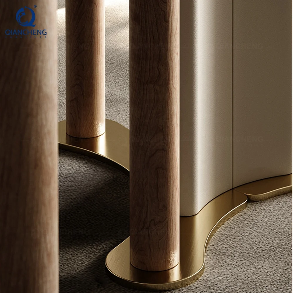 QIANCHENG brand design dinning room furniture set walnut color stainless steel wooden sticker 6 seater dining table