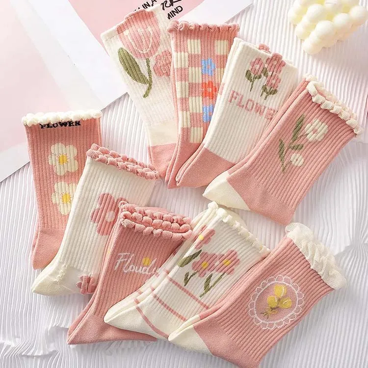 HY-1814 Wholesale Women Floral Cotton Jacquard Pink Socks Ladies Flower Crew Socks Girl