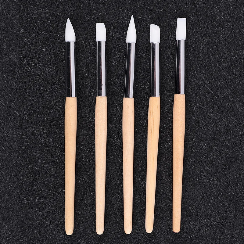 Wooden Pole Five Silicone Pen Set Soft Ceramic Indentation Pen Blending Gradient Nail Art Silicone Pen