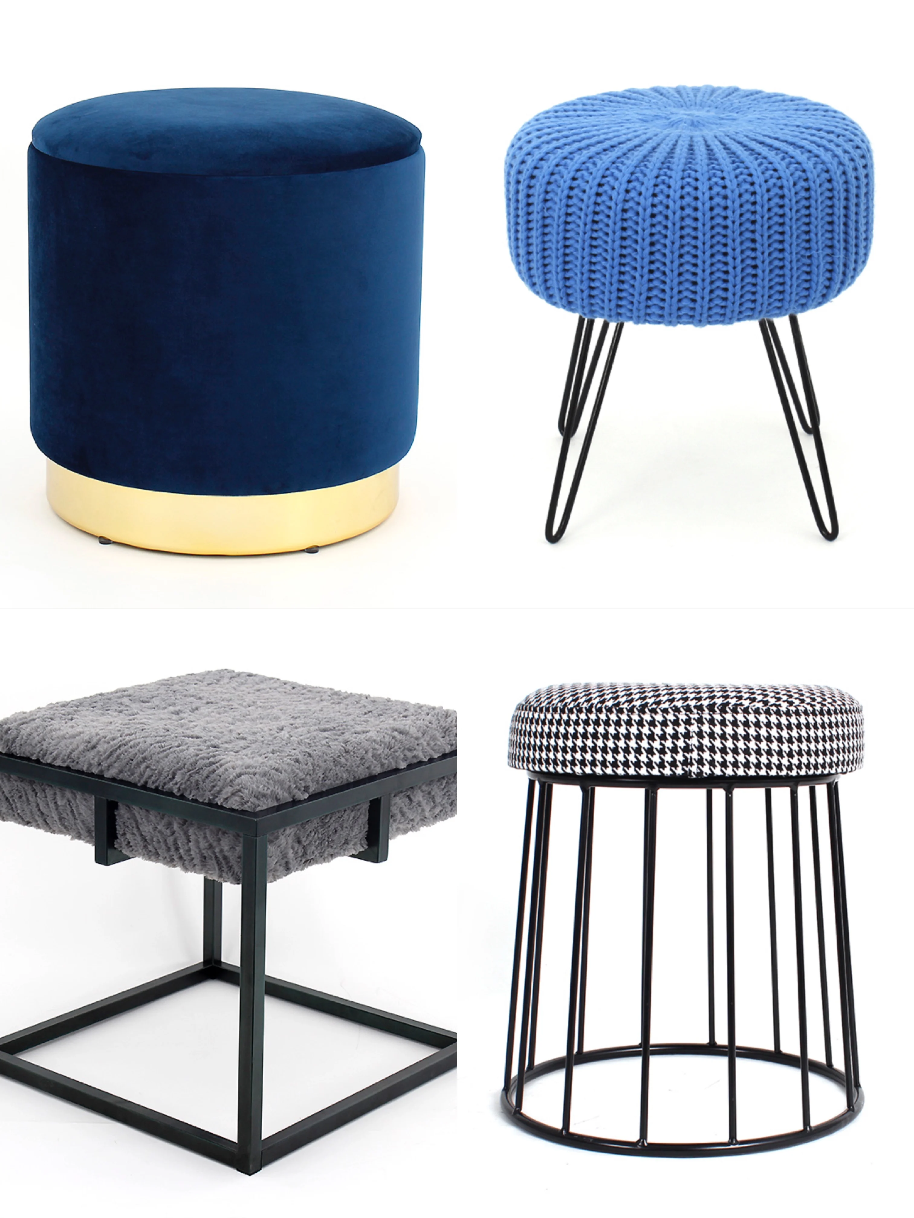 new design modern grey faux fur square footrest ottoman stool with metal frame legs