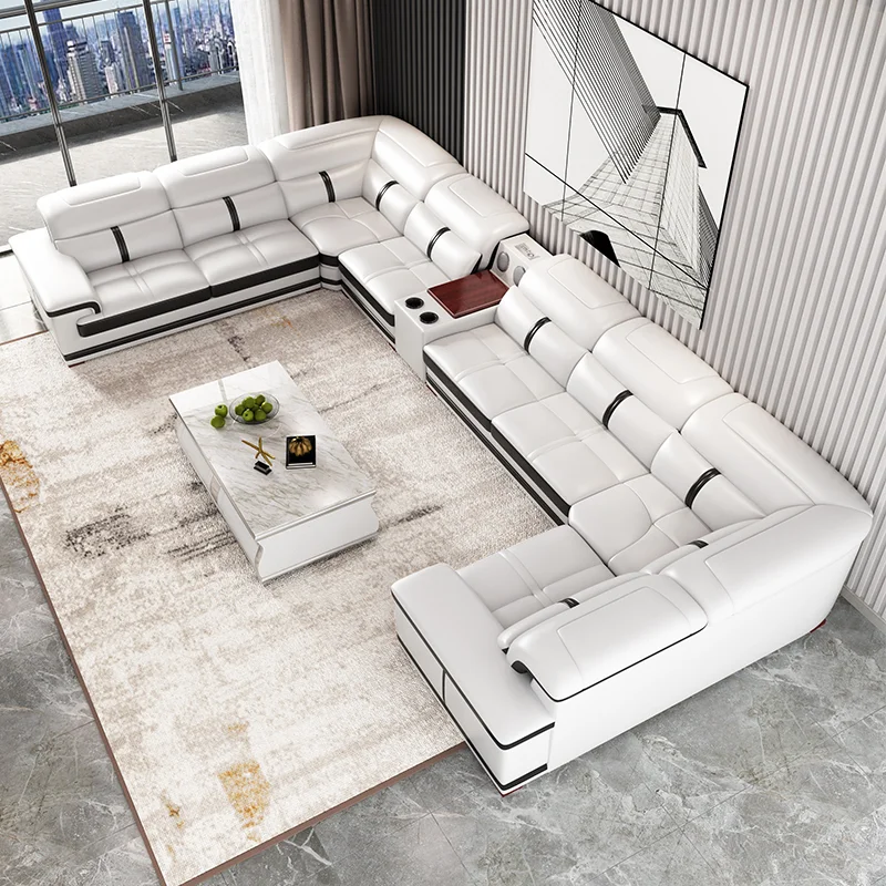 Modern Leather U Shaped Sectional Sofa setLuxury Living Room with Bluetooth Speaker Music Multi-functional 7 Seats Couch
