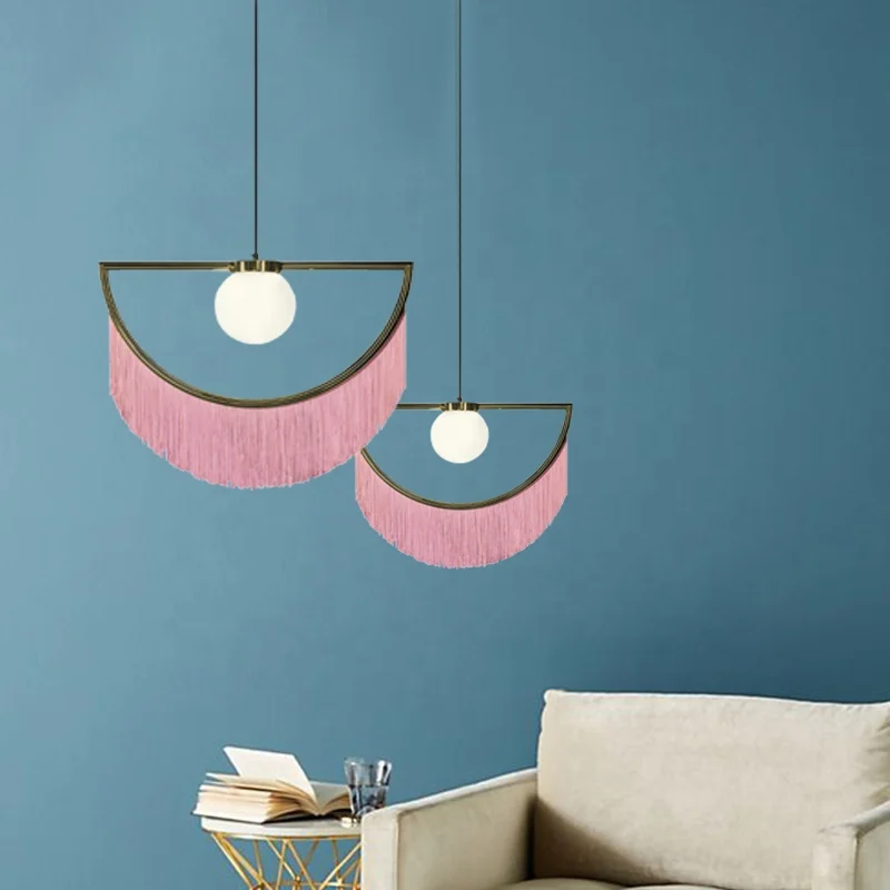 Fancy modern decorative fabric shade hanging lamp stylish dreamy pink tassel  fringe half pendant light for dining room
