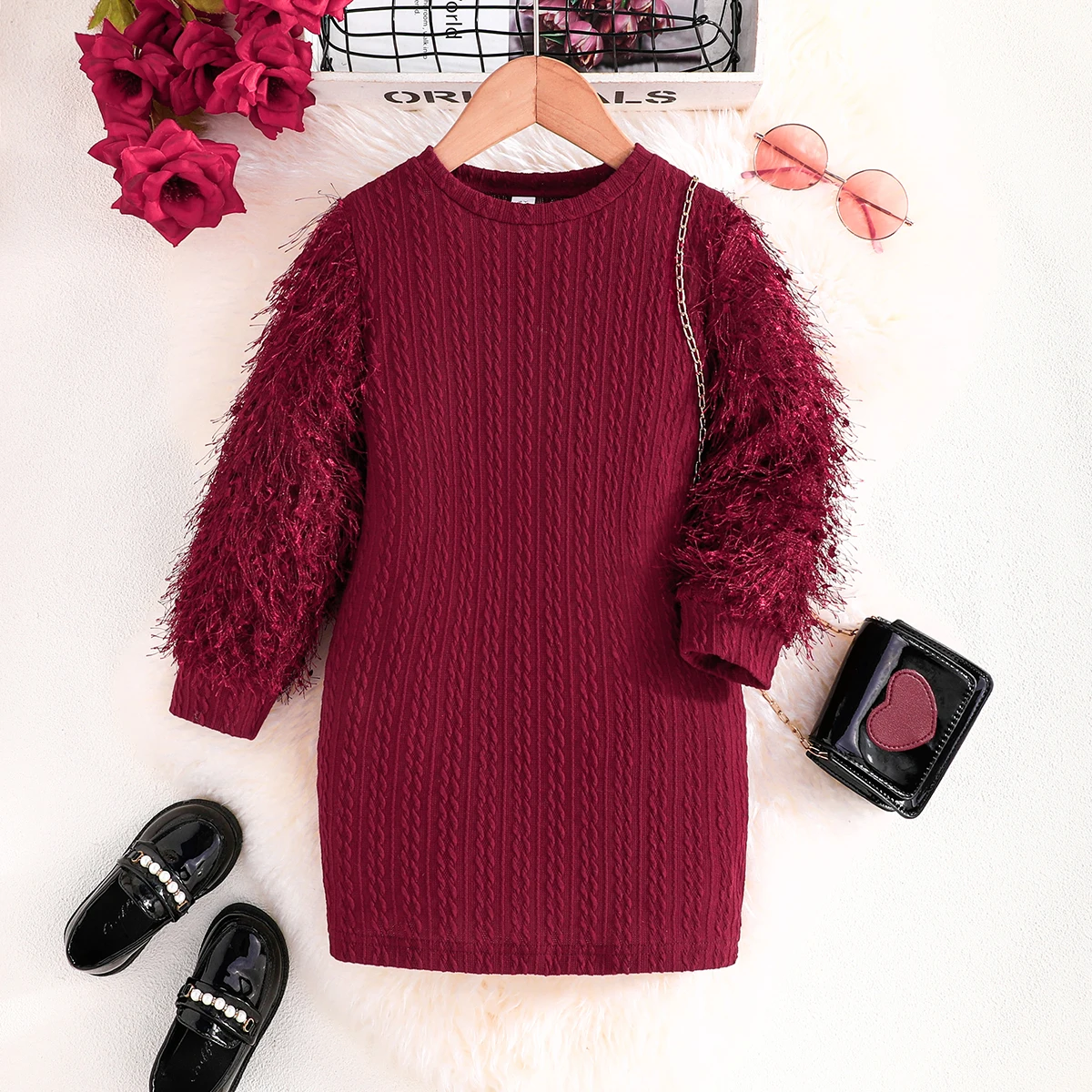 Fashionable Elegant Pink Party Dress for Girls 4-7 Years Old Autumn and Winter Plush Knitted Clothing