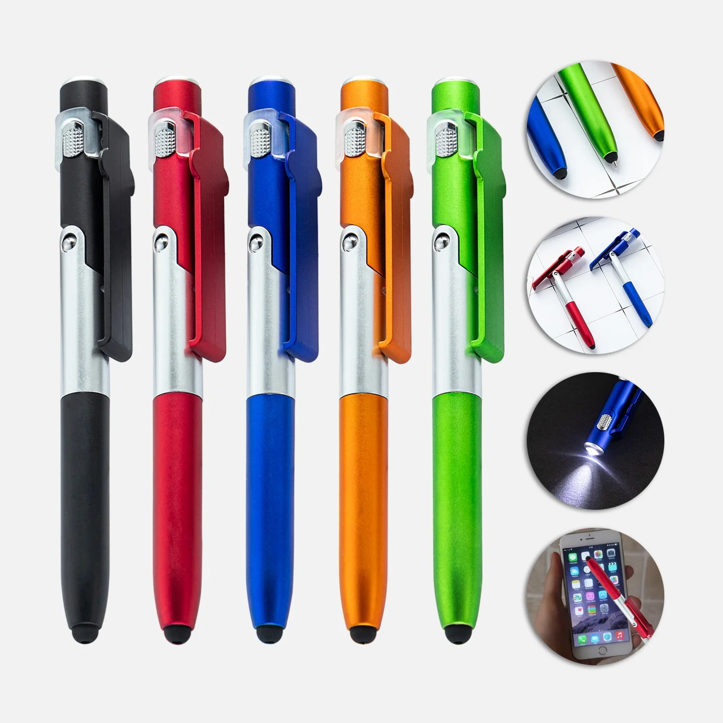 Multi functional phone holder plastic pen LED folding lamp pen Advertising gift 4-in-1 capacitive touch screen ballpoint pen
