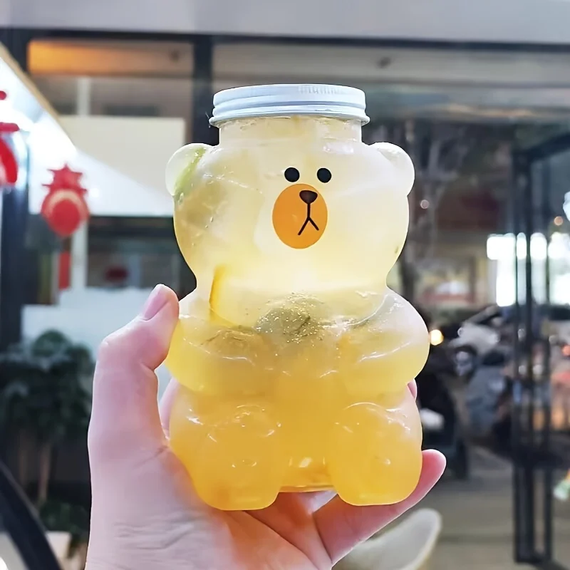 Factory Sell Pet Cartoon Juice Bottle Bear Shape Plastic Juice Bottle Beverage Bottle With Lid