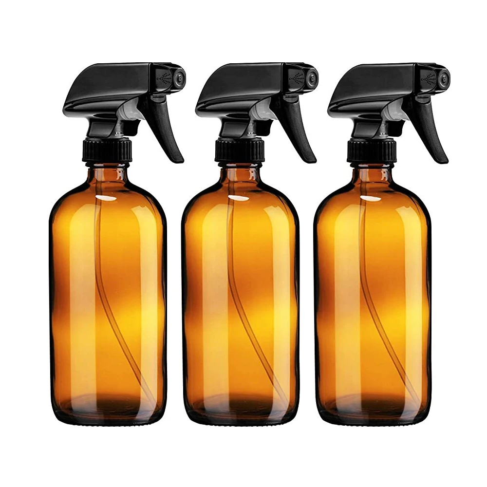 Amber Glass Spray Bottles Empty 8oz 16oz Refillable Boston Bottles with Black Trigger Sprayer /Mist and Stream Settings