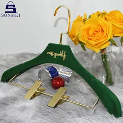 Metal clips embossed logo coat nonslip green velvet skirts hanger