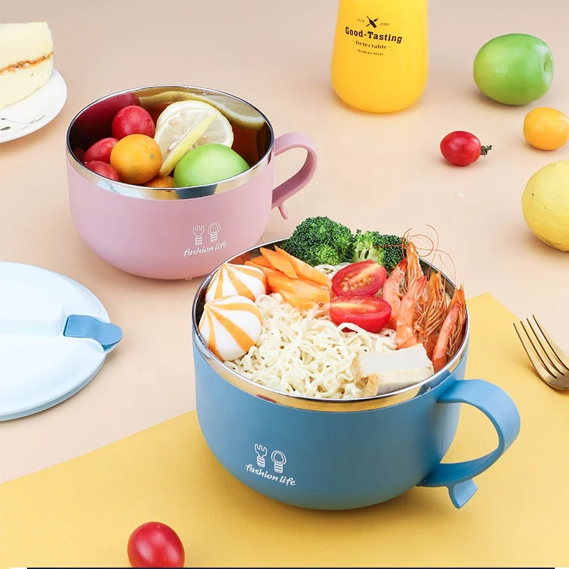 Single Handle Kids Stainless Steel Lunch Container Thermal Bowl Sanding Anti Overflow Instant Noodles Cup