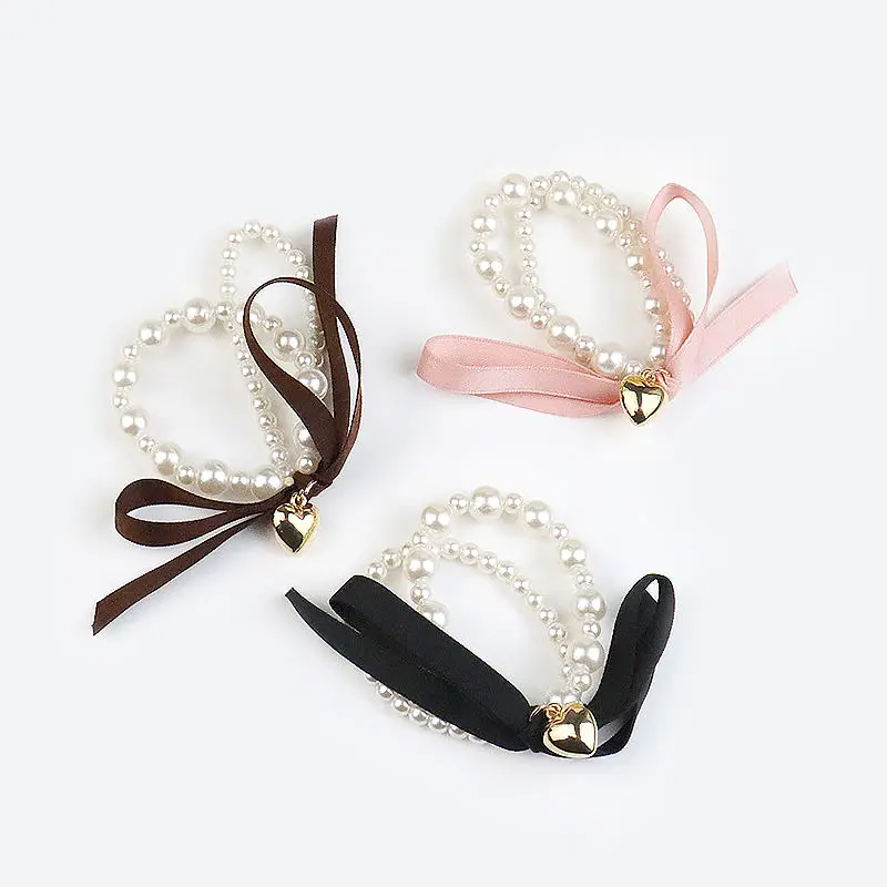 Accept Customization Factory Direct Women French  Retro Hair Tie Sweet And Versatile Love Ribbon Hair Circle Pearl Bow Hair Rope
