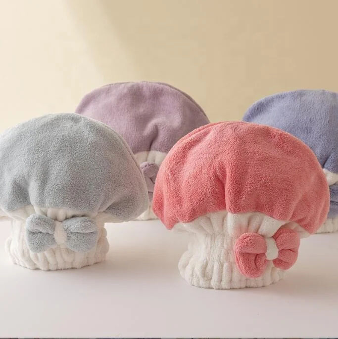 Color matching bowknot shower caps for women waterproof water-absorbing hair-drying cap coral fleece baby shower cap