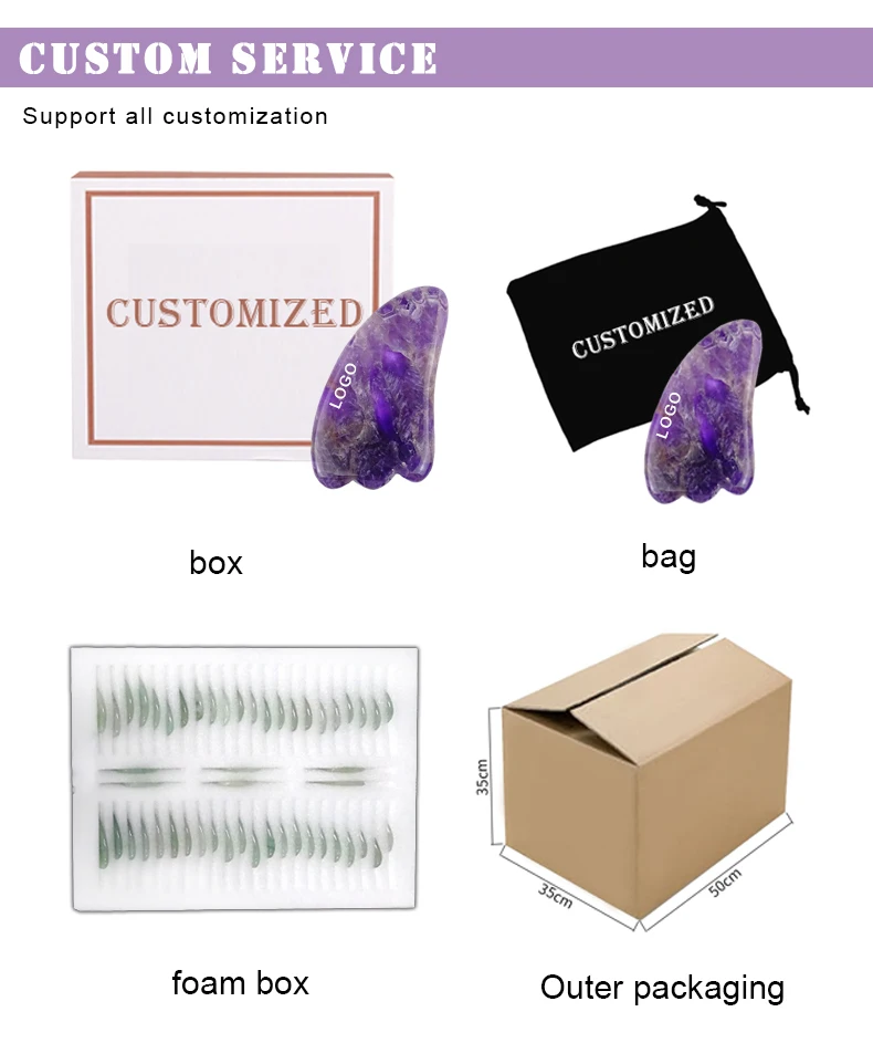 2021 Natural Body Guasha Massage Tool Amethyst Jade Stone Face Gua Sha Scraper With Custom Private Label Box