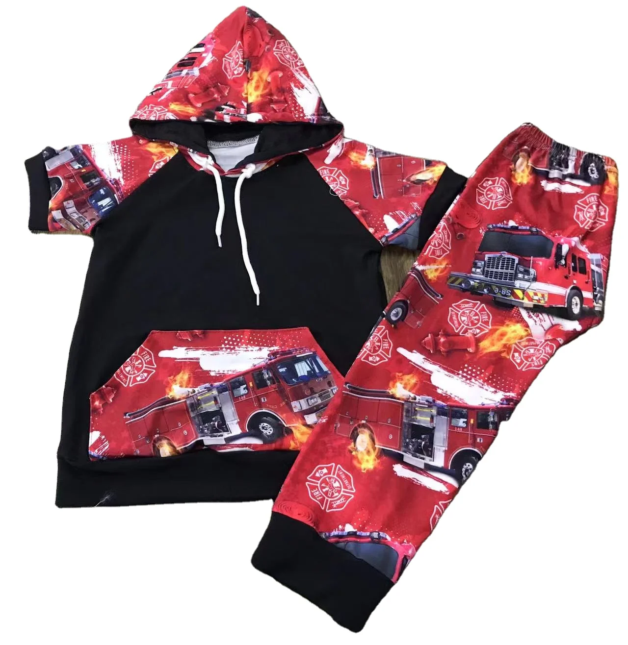 kids outfit fire truck cartoon print clothes for kids children hoodie set two piece outfits set baby clothing sets