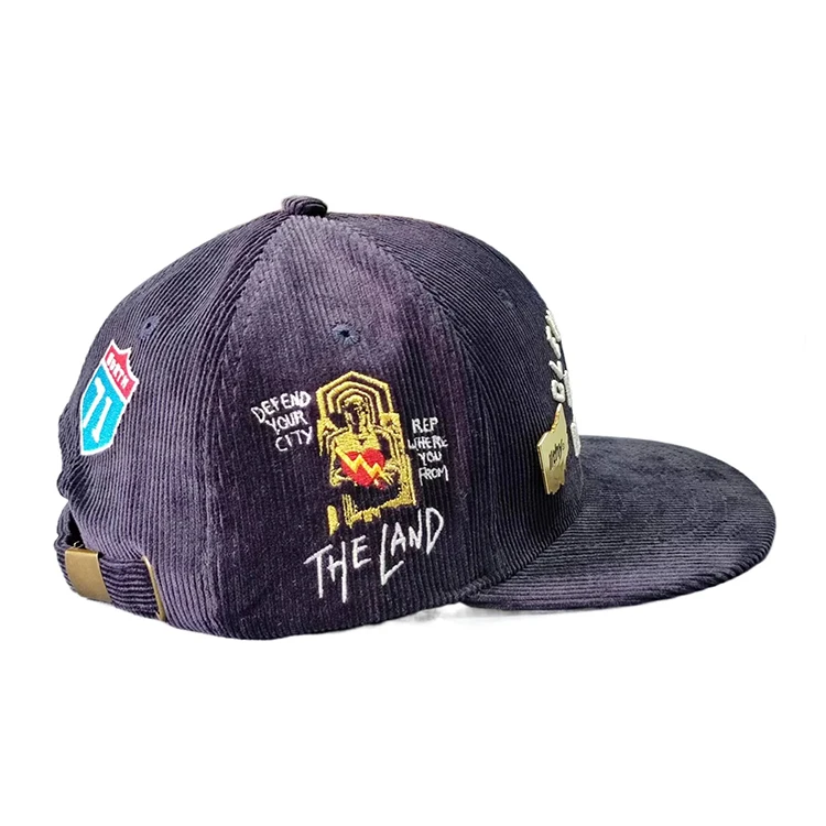 6-Panel Premium Custom Embroidery Corduroy Flat Bill Adjustable Snapback Caps High Quality Velvet Jersey for Outdoor Performance