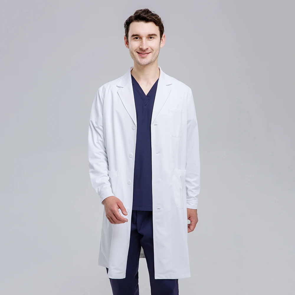 Custom LOGO Men And Women Medical Uniform White Lab Coat With Notch Collar Long Sleeve Doctor Gown Hospital Surgical Robe